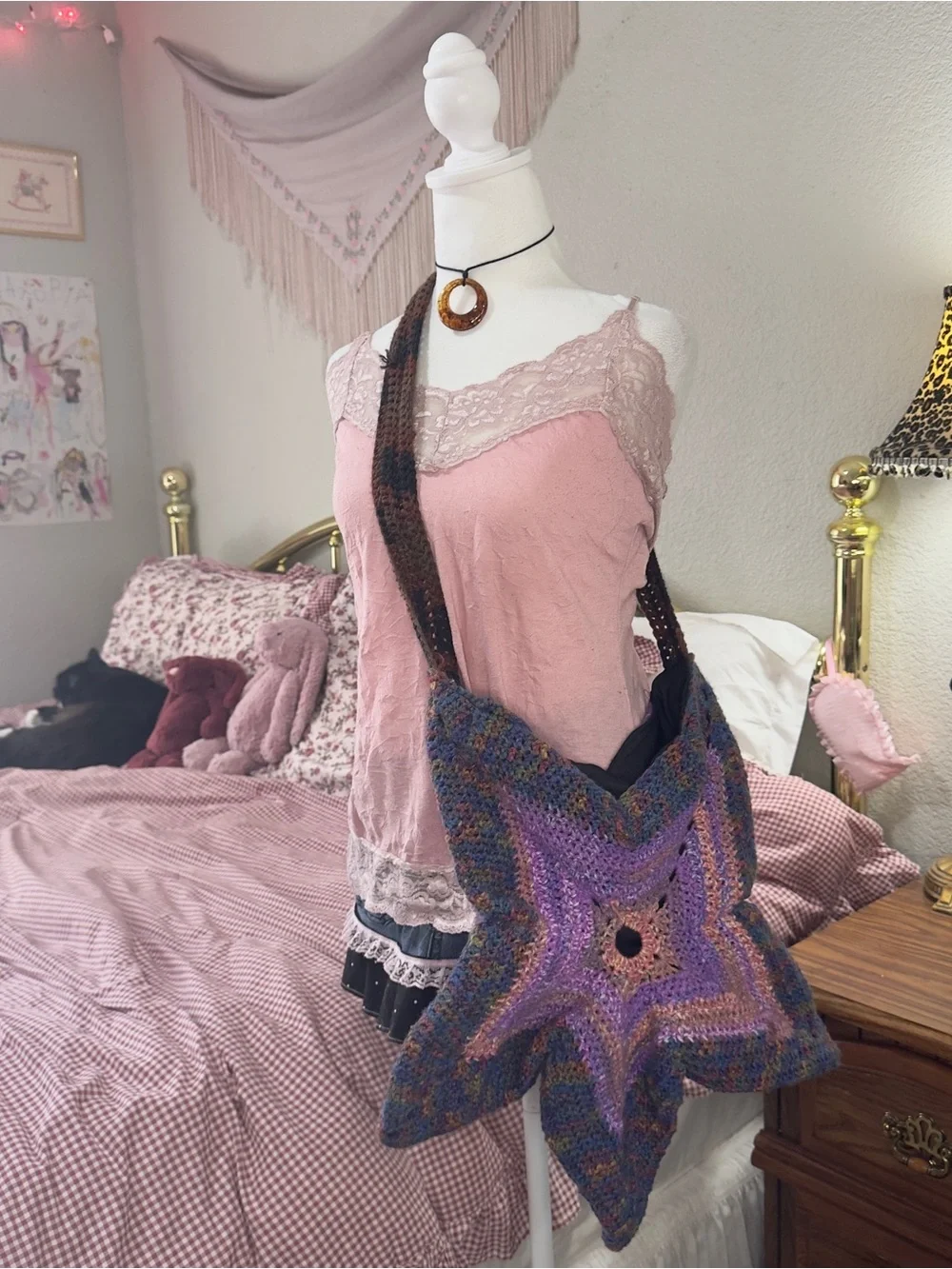Star-Shaped Crochet Crossbody Bag in Purple and Multicolor